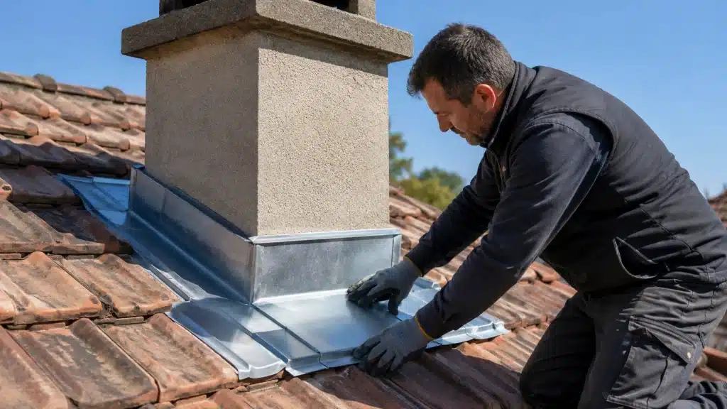 Abergement de cheminée en zinc sur une toiture en tuiles pour assurer l’étanchéité
