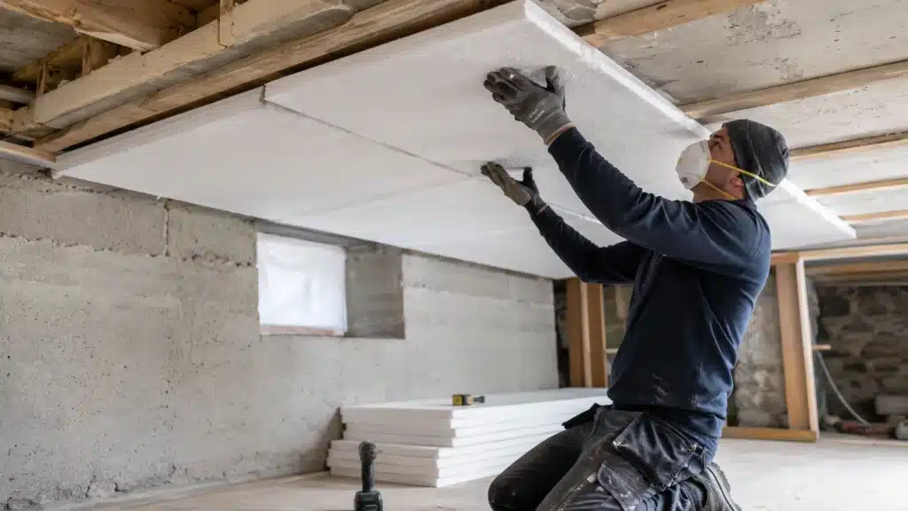 Isolation du plancher bas par panneaux isolants sous une maison en rénovation énergétique