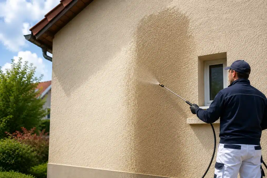 Application d’un traitement hydrofuge sur une façade de maison pour protéger les murs contre l’humidité