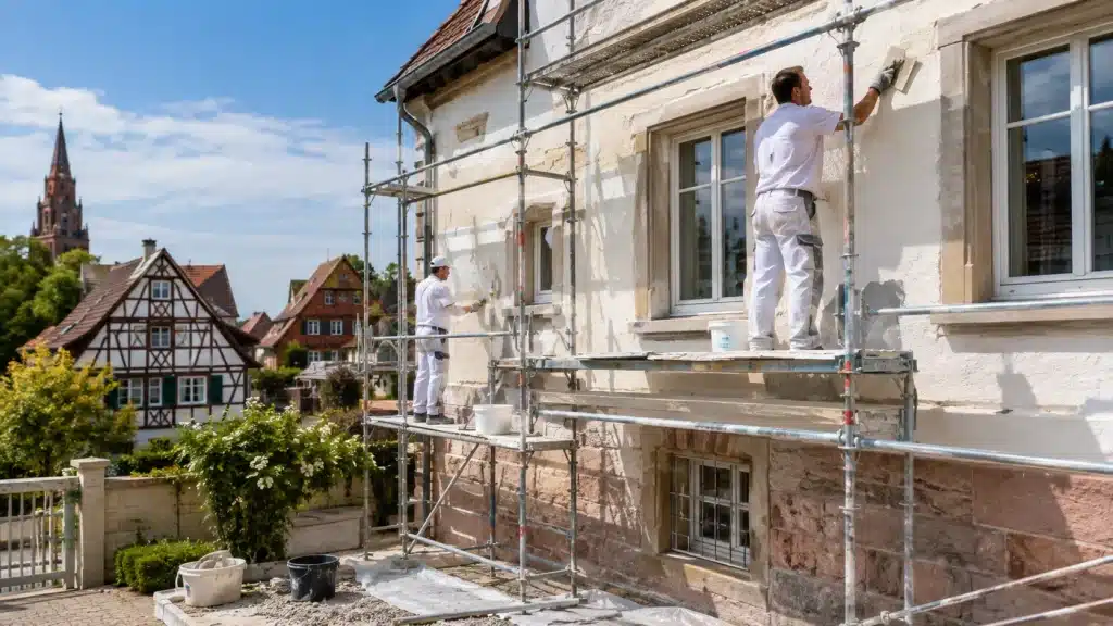 Entreprise de ravalement de façade à Strasbourg réalisant une rénovation extérieure sur maison alsacienne