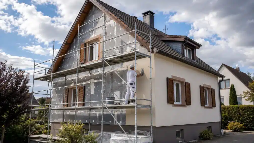 Isolation thermique par l’extérieur en Alsace sur une maison avec échafaudage