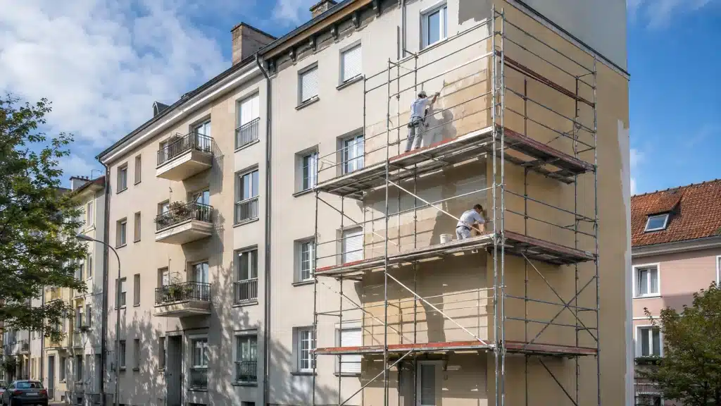 Rénovation de façade en copropriété à Schiltigheim avec échafaudage sur un immeuble