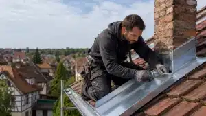 Zingueur à Strasbourg réalisant un abergement en zinc sur une toiture en tuiles
