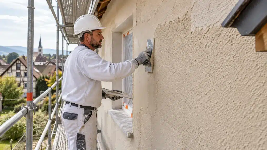 Application d’un crépi sur une façade de maison en rénovation en Alsace