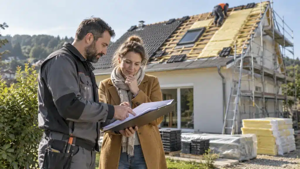 Analyse d’un devis d’isolation de toiture devant une maison en rénovation