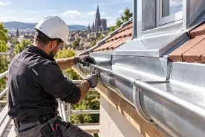 Zingueur réalisant des travaux de zinguerie en zinc sur une toiture de maison