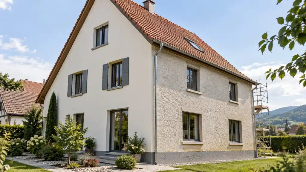 Comparaison entre peinture de façade et crépi sur une maison en rénovation